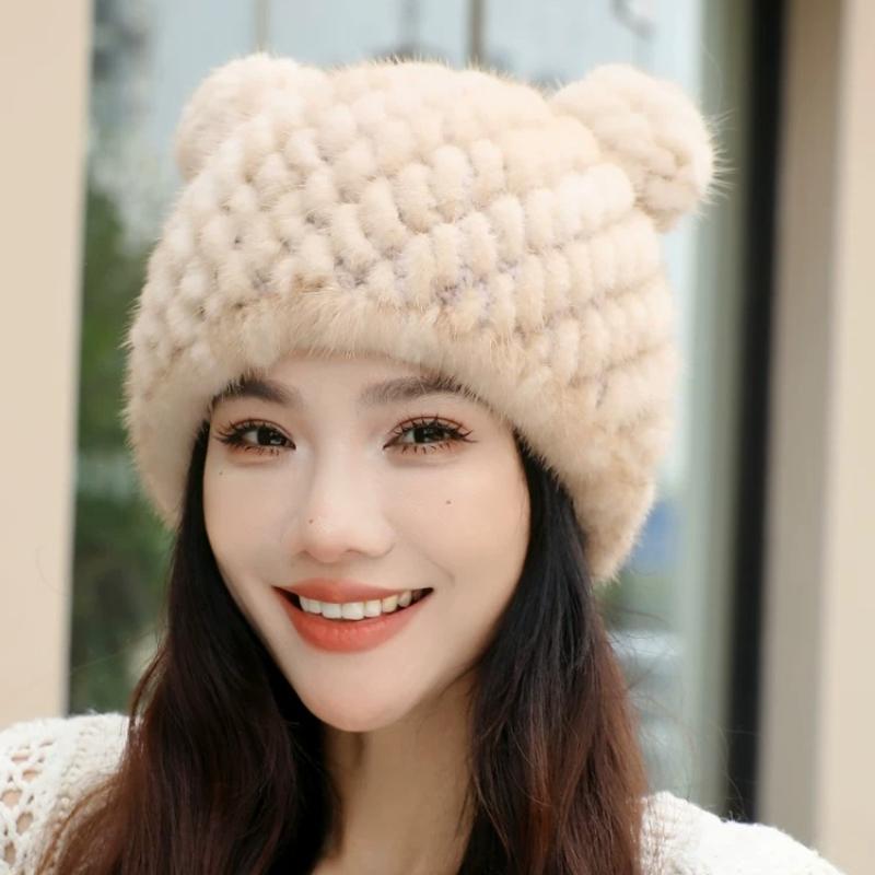 New Mink Hair Hat Warm Woven Wool Fox Hair Ball Cute Mickey Hat Fur Milliner Autumn and Winter