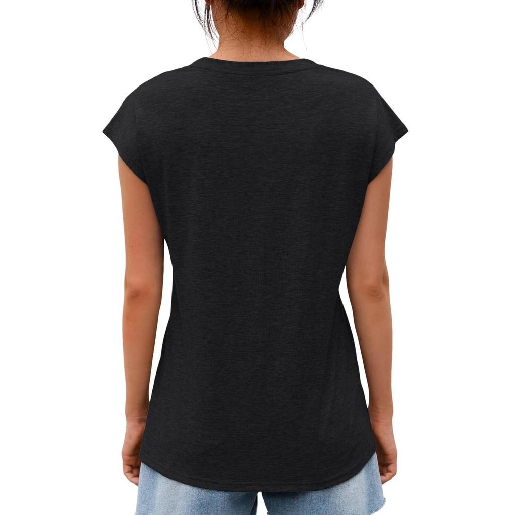 Women Summer Short Sleeve Solid Color V Neck Casual T Shirt Fashion Top