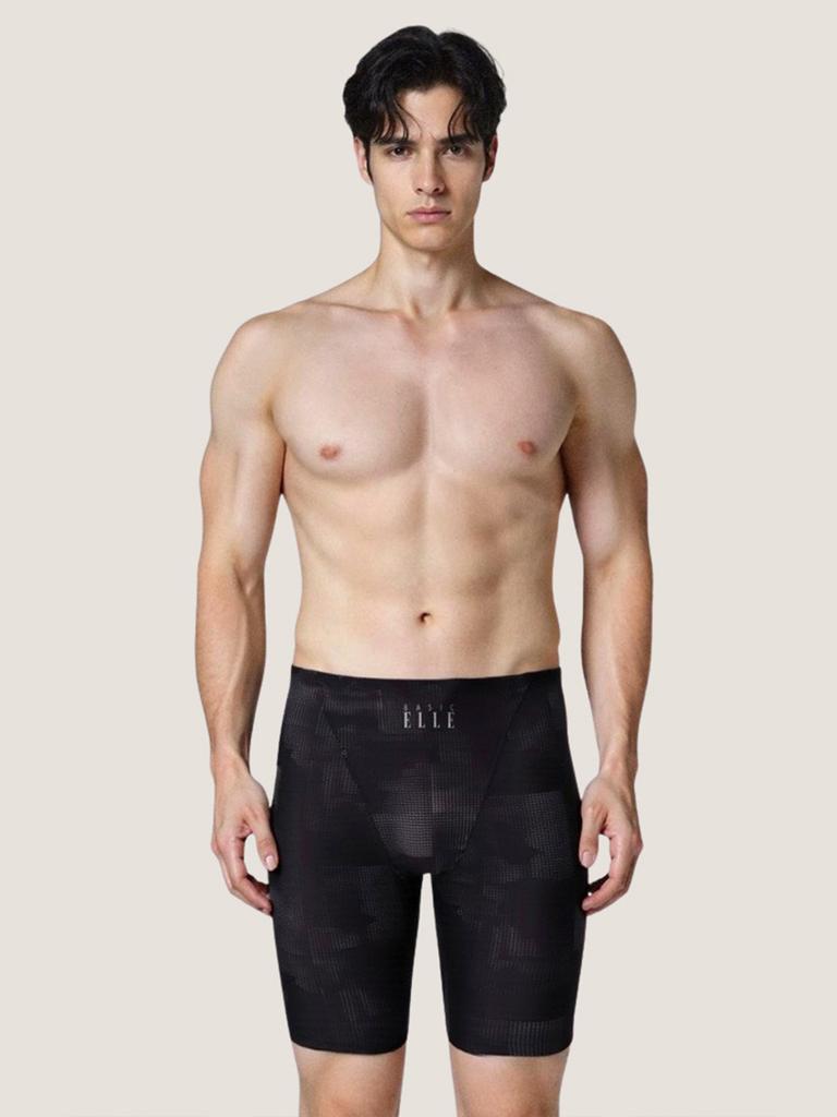 Beijigelleu Men'S Black Knee-Length Square Pattern Indoor Swimsuit 4-Piece Set Bez-Z401K