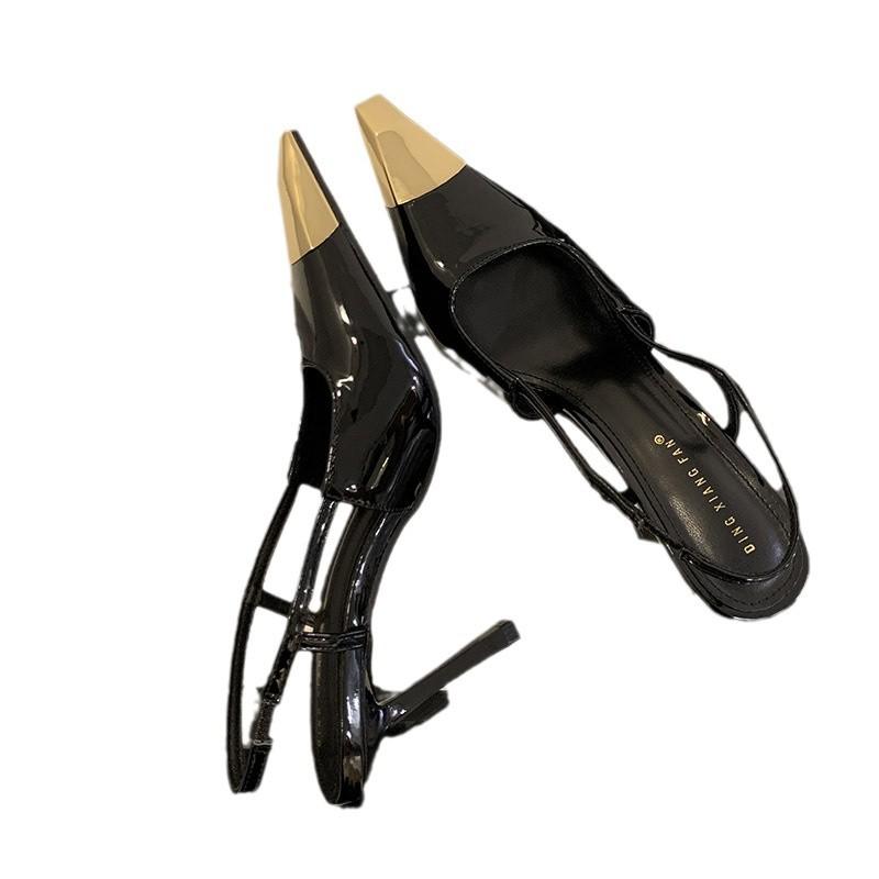 

Spring new temperament pointed head empty beautiful thin heel color matching buckle high heels bag head sandals women s shoes 35