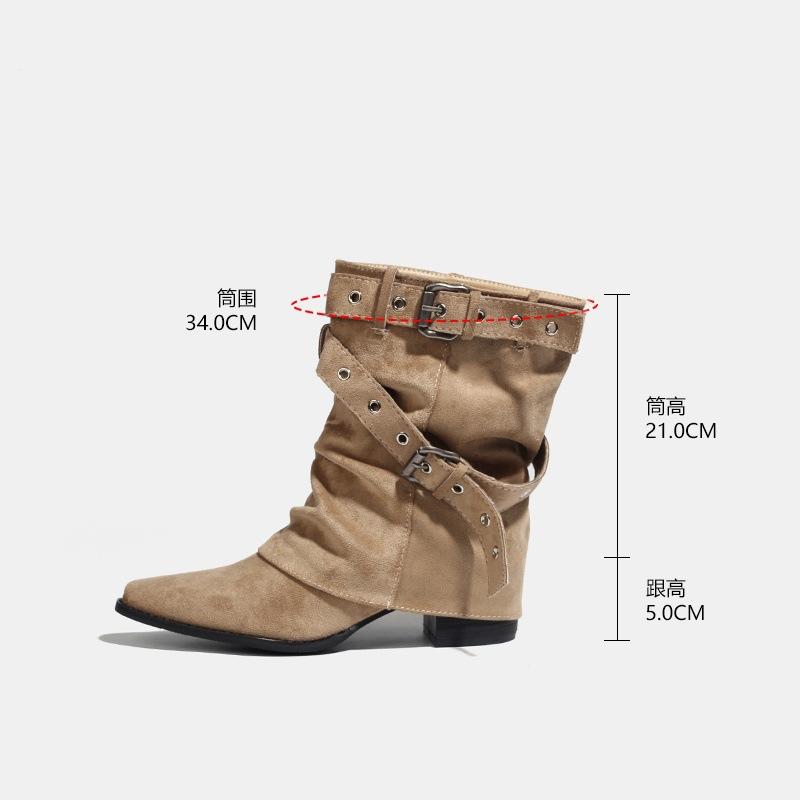 Boots Maillard 2025 New Autumn and Winter Niche Retro Belt Buckle Pointed Thick Heel Trousers Stacked Boots Short Boots Women