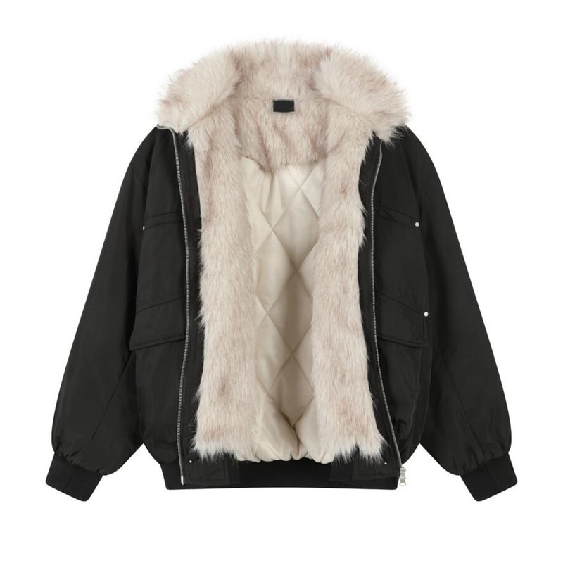 Blaexit American-Style Mountain Carving Fur Collar Parka Short White Cotton Jacket for Men, Winter Thickened Padded Coat for Women