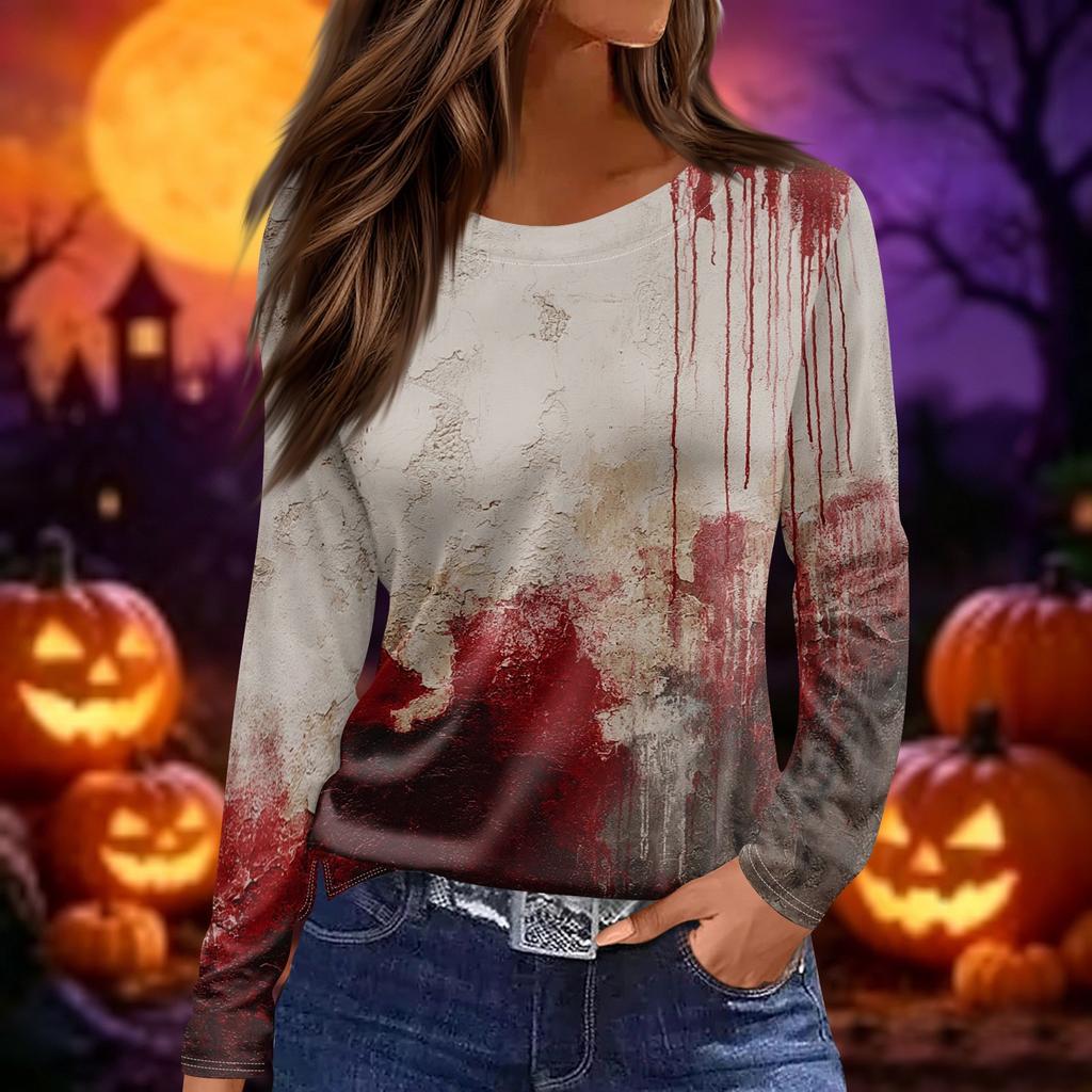 Women's Fashion Long Sleeve Top Crew Neck Halloween Print Split Hem Casual Shirt Lightweight Comfortable Fit