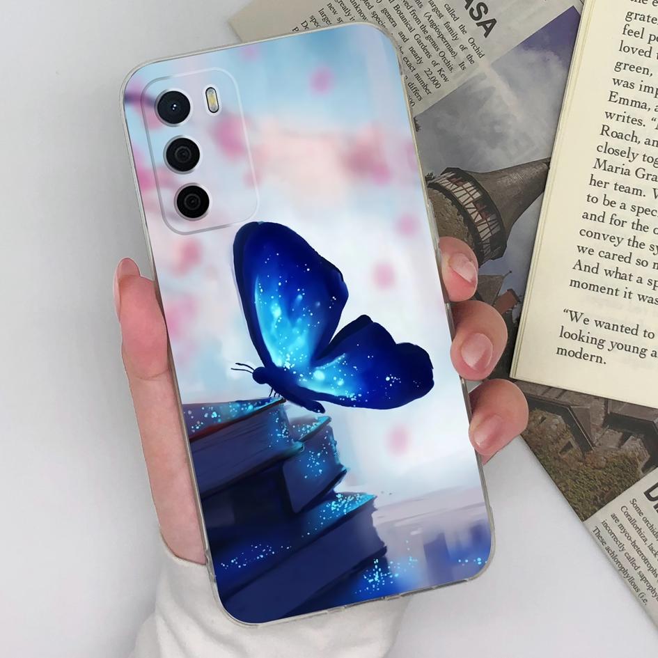 For Oppo A15 A15S A16 A16S A17 A17K A35 A58 Phone Cases Beautiful Blue Butterfly Flowers Pattern Transparent Silicone Anti Slip Housing For Oppo Shell