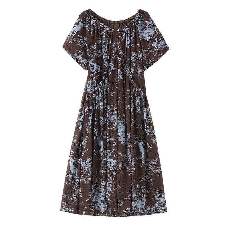 A New French Retro Style V-neck Printed Short-sleeved Slimming Dress for Plus-size Women's Summer