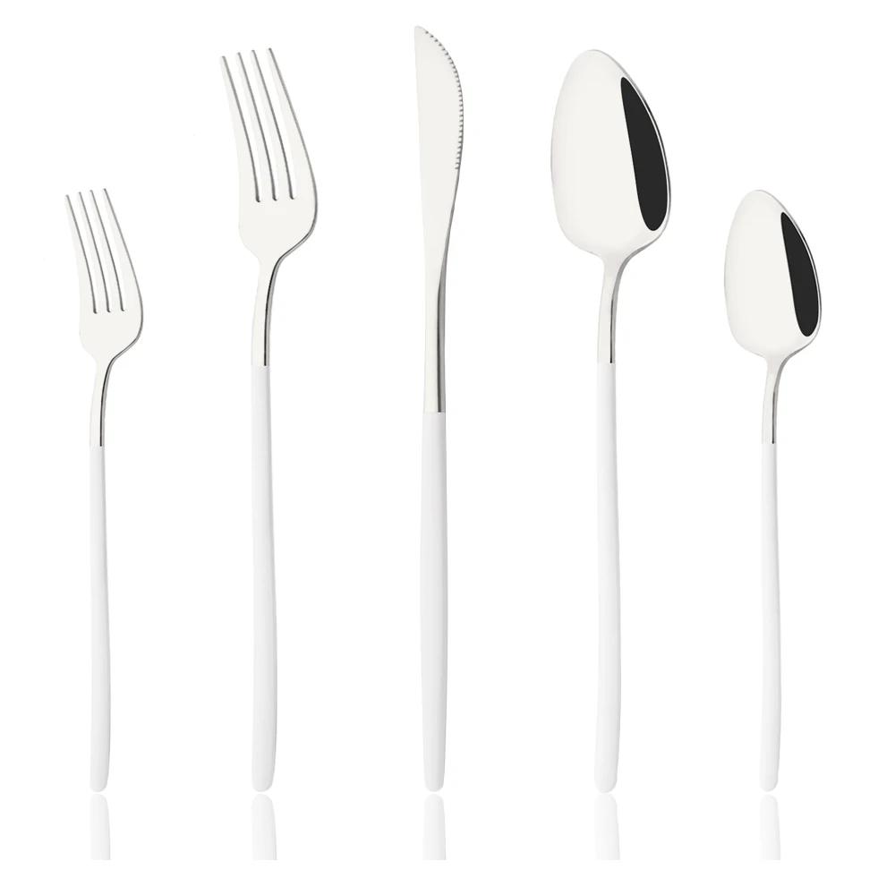 5Pcs White Gold Cutlery Set Stainless Steel Tableware Knife Dessert Fork Spoon Dinnerware Set Kitchen Flatware Silverware