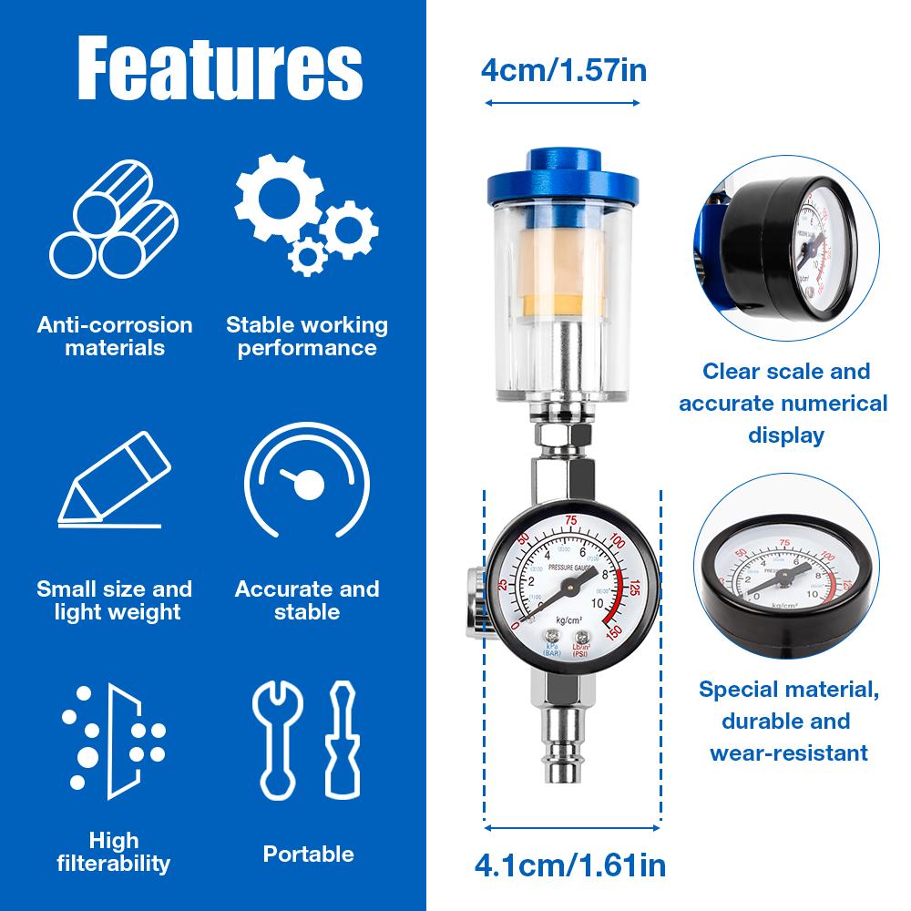 Spray Gun Oil/Water Separator, 1/4" Filter Pressure Regulator, EU Adapter With Air Pressure Regulator, Air Compressor Regulator