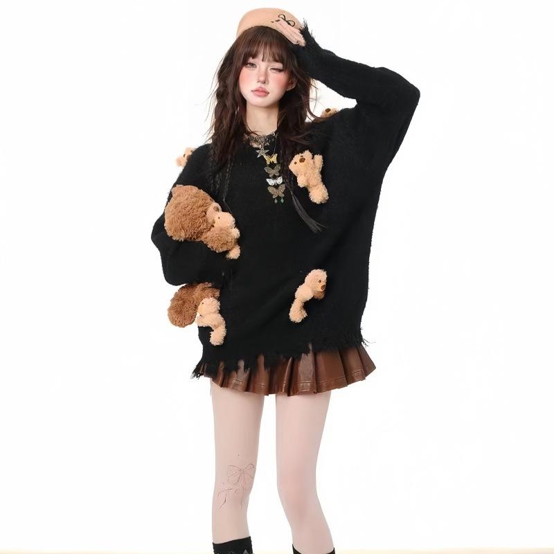 Sweet and Lazy Sweater Women's Bear Accessories Soft Waxy Autumn and Winter Loose Long-sleeved Knitted Sweater Top Women's Clothing