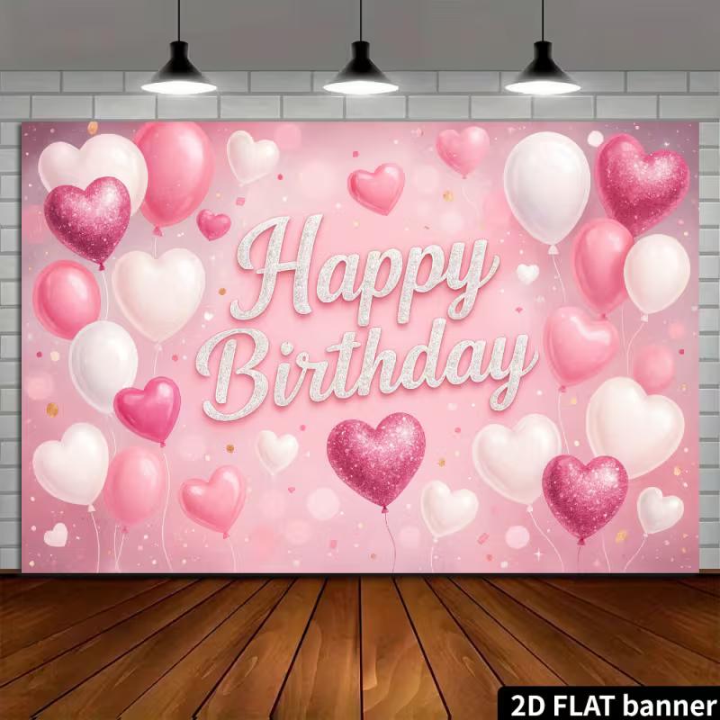 

2D Cute Pink Heart Glitter Happy Birthday Backdrop Banner Party Decoration 47.2x31.5inch/120*80cm