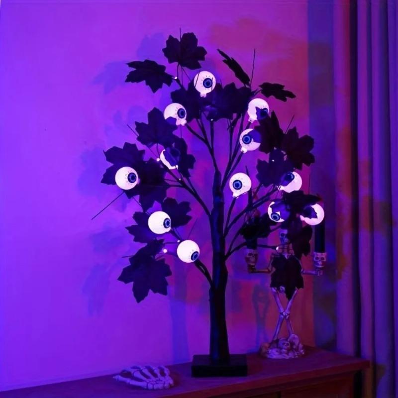 Halloween Eyeball Tree LED Light with Black Leaves Tabletop Ornament for Indoor Halloween Party Home Haunted House Spooky Festival Decor