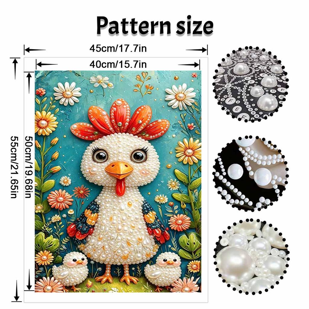 Elegant Framed Pearl Art DIY Set with Cute Chicken Floral Design 5D Sparkling Bead Canvas Painting Ready To Display Romantic Home Decor Gift