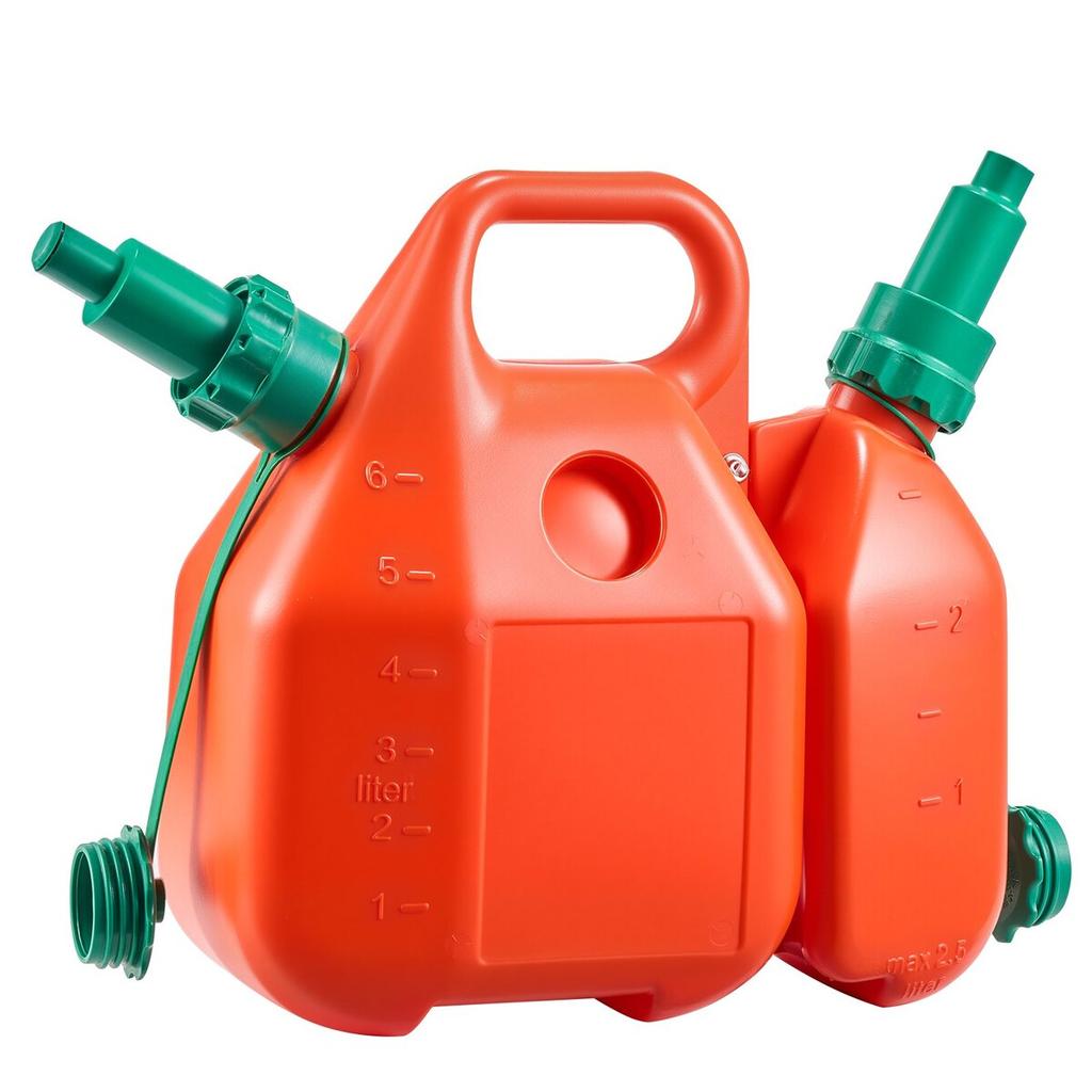 Fuel Container, 6 L, Fuel Tank with Spout & 1.9 L Extra Oil Container, 5.5 L/min Max Flow Rate, Leak-proof and Portable Flat Fluid Container for Most