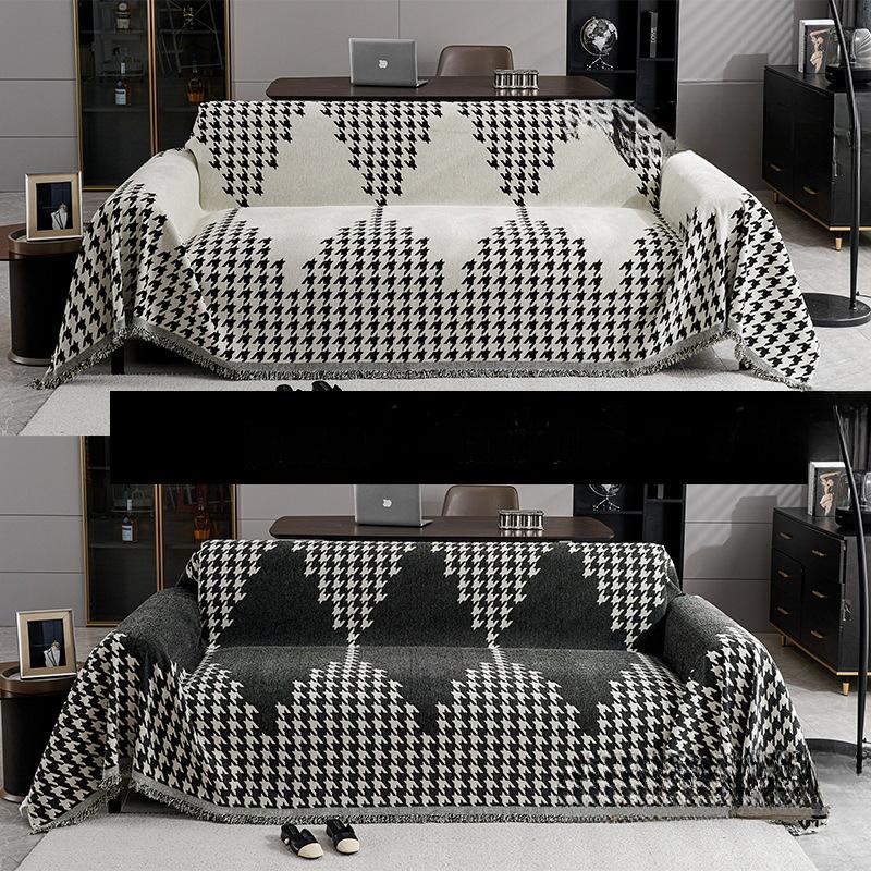 New Houndstooth Chenille Double-sided Sofa Towel, Universal for All Seasons, Exquisite Tassel Lace Sofa Cushion Cover Towel, Non-slip Cushion