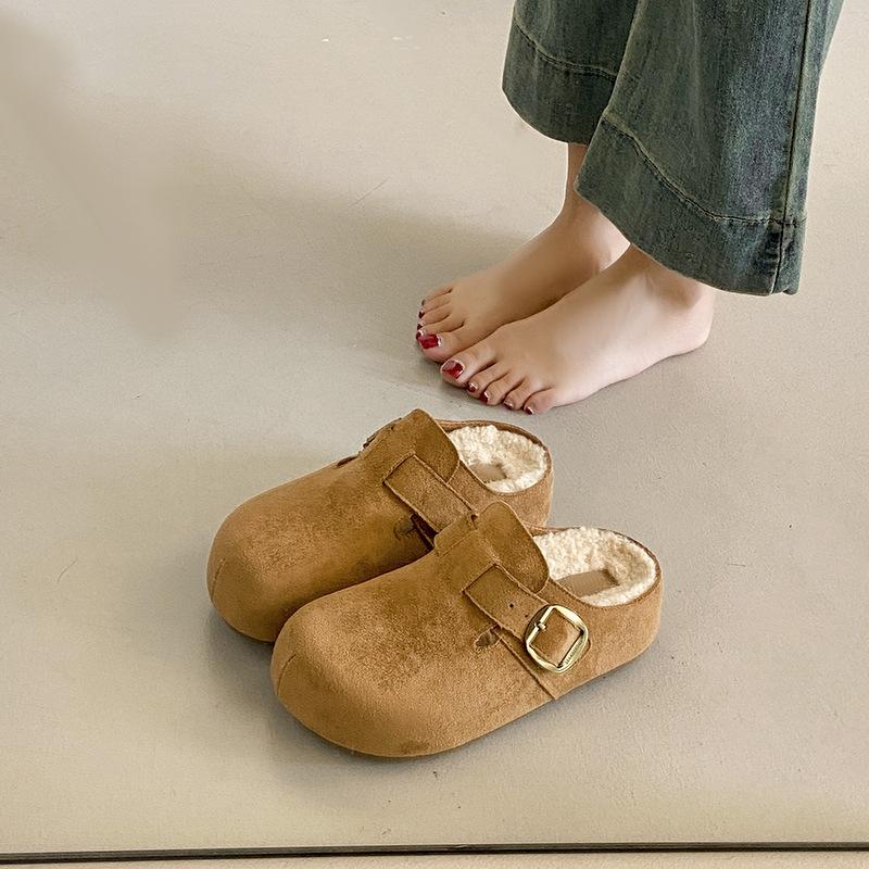 2025 Autumn and Winter New Belt Buckle French Retro Loafer Women's Shoes Doudou Velvet Platform Versatile Cotton Slippers