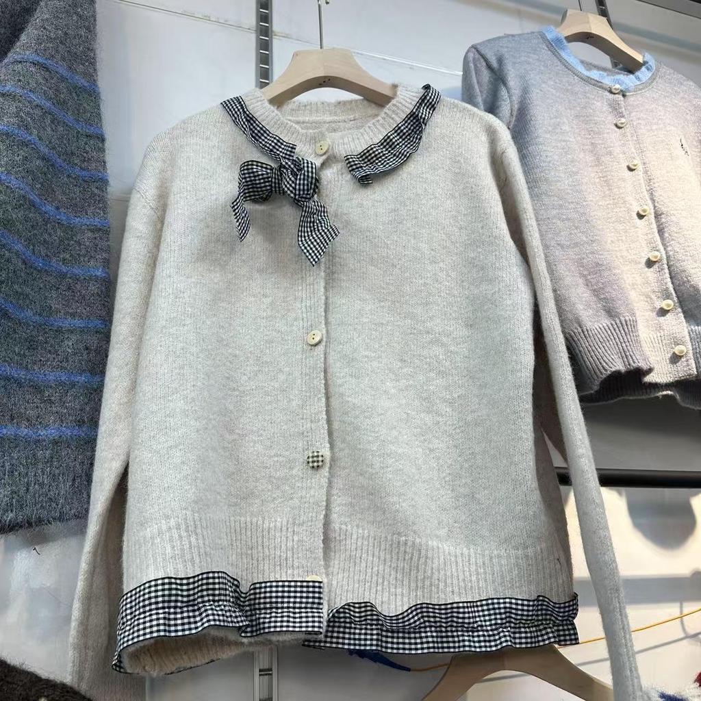 Koreański Szyk Kardiagn z Dzianiny z Falbankami i Kokardą - Damski Jesienny Wzór