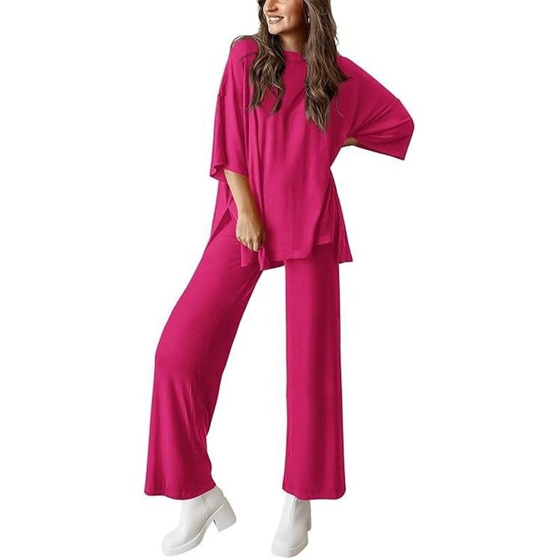 Women's 2 Piece Outfit Oversized Half Sleeve Top Wide Leg Pants Set Casual Loungewear