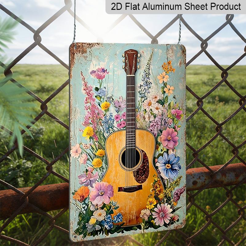 2D Flat 1pc Vintage Floral Acoustic Guitar Metal Wall Art Sign-Bohemian Style 7.87*11.8 Inch Aluminum Music-Themed Decor with Pre-Drilled Holes