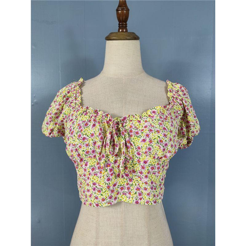 

French Elegant Style Puff Short Sleeve Exquisite Floral Niche Style Youthful Atmosphere Dopamine Sweet Lace up Short Tops Color XL