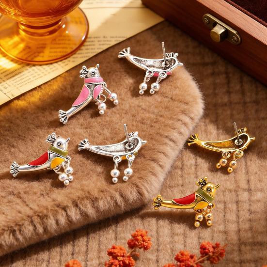 1 Pair Oil Dripping Bird Stud Earrings Hypoallergenic Alloy Enamel Red Bird Bell Earrings Lightweight Women Girls Earrings Fashion Jewelry