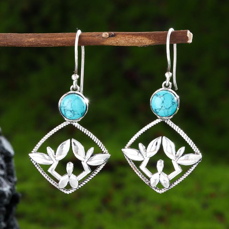 Exquisite Turquoise Flower Pattern Hypoallergenic Earrings Women Girls Jewelry