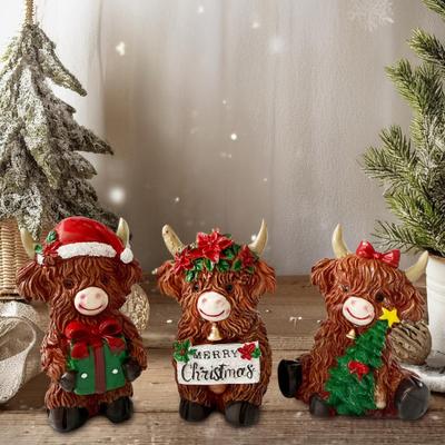 3 Pièces Figurines Vache Highland Décoration de Noël Résine Veau Statue Animal pour Maison Jardin Bureau Décoration de Table Rustique Ferme