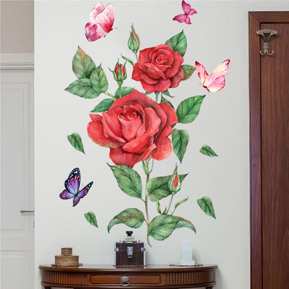 Realistic Roses and Butterflies Flower Wall Sticker for Background Self-Adhesive Removable Home Decor