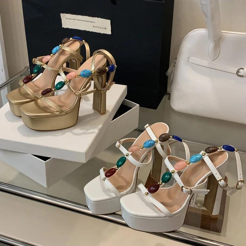 Eilyken Summer Open Toe Women Sandals Fashion Platform Narrow Band Buckle Strap Square Heels Party Shoes