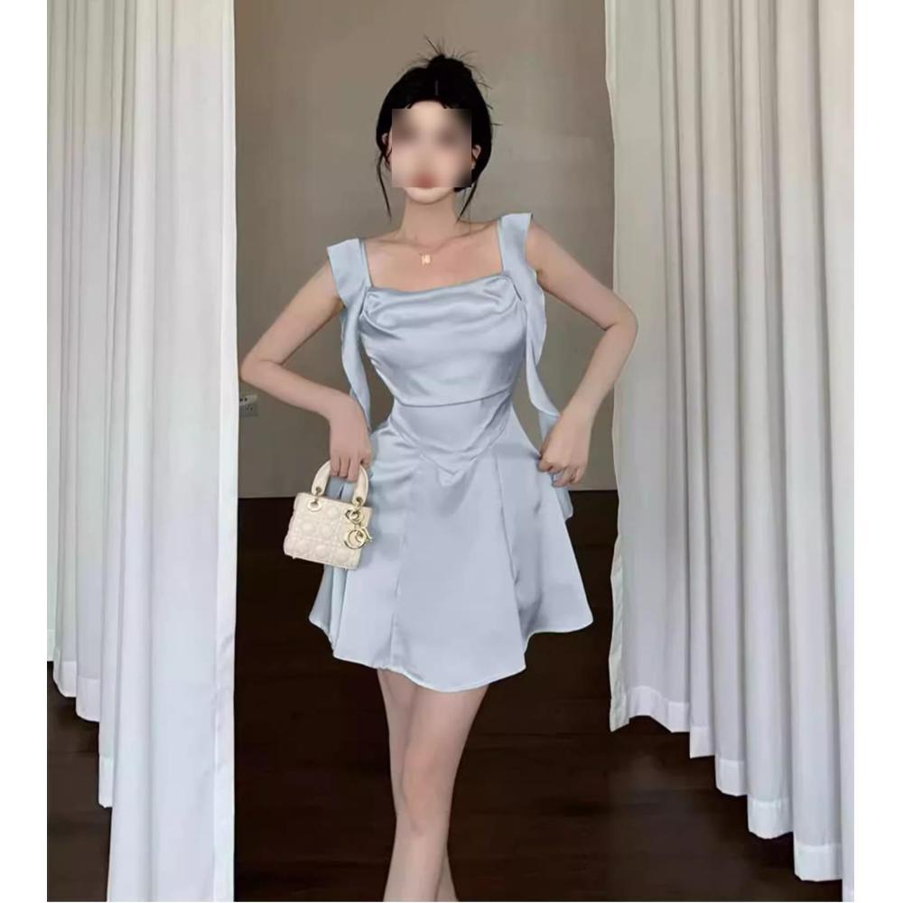 Spice Girl Short Skirt Square Neck Satin Waist Dress Women's Summer Design French Suspender Skirt Fairy Ribbon Skirt