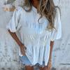 Camicia da donna abbottonata estiva a maniche corte a sbuffo con scollo a O, top casual a vestibilità ampia con pieghe per l'uso quotidiano, le vacanze