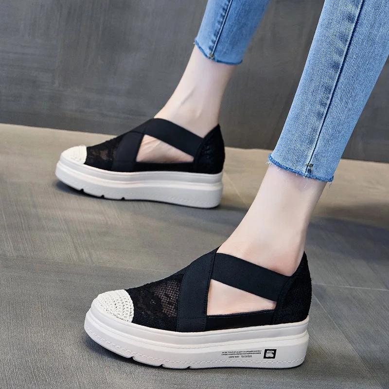 Fashion 7cm Air Mesh Platform Wedge Flats Lace Breathable Comfy High Brand Summer Spring Fashion Chunky Sneaker Autumn Casual Shoes