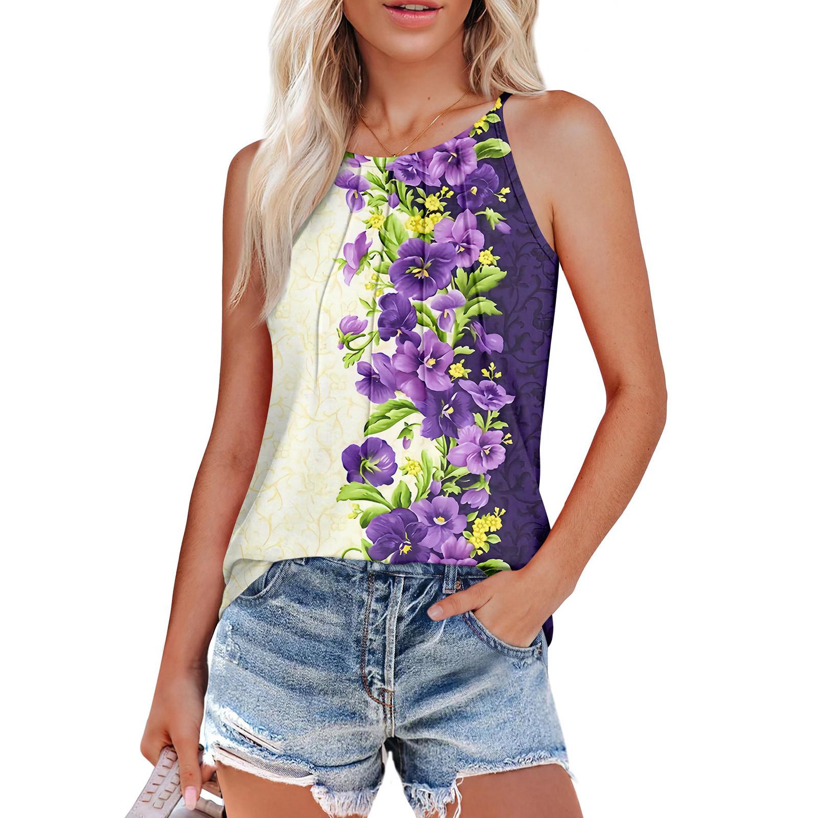 

Женские летние майки-топы с плиссировкой и принтом O-образного выреза, повседневные майки-топы для женщин, свободные рубашки без рукавов S