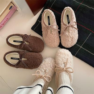 Dames Warme Pluche Schoenen Winter Verdikt Lichtgewicht Comfortabele Katoenen Schoenen Mode Strik Knoop Antislip Zachte Zool Mary Jane Schoenen