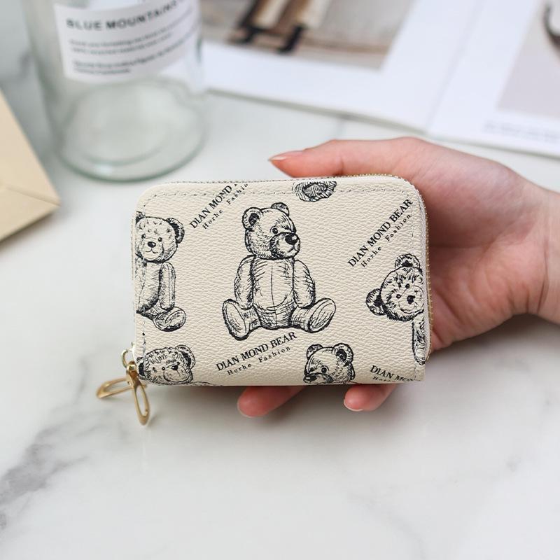 New double-layer zipper organ card bag, short cartoon bear printed organ card bag, multi-card change bag.