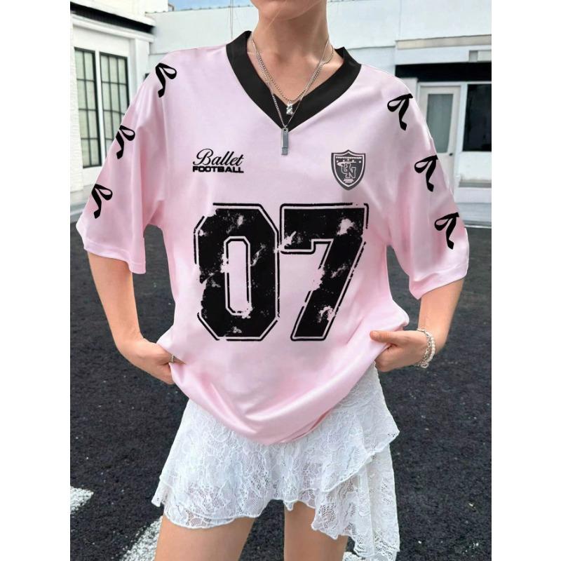 Latest Women's No.07 Letters Printed V-Neck Short Sleeve Summer Soccer Jersey Loose Casual Sports Women's Pajamas T-Shirt Y2k