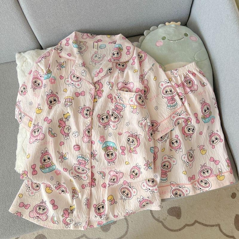 

Pink and cute full of Indian rabub pajamas women s summer short-sleeved shorts cardigan two-piece set student dormitory loungewear S