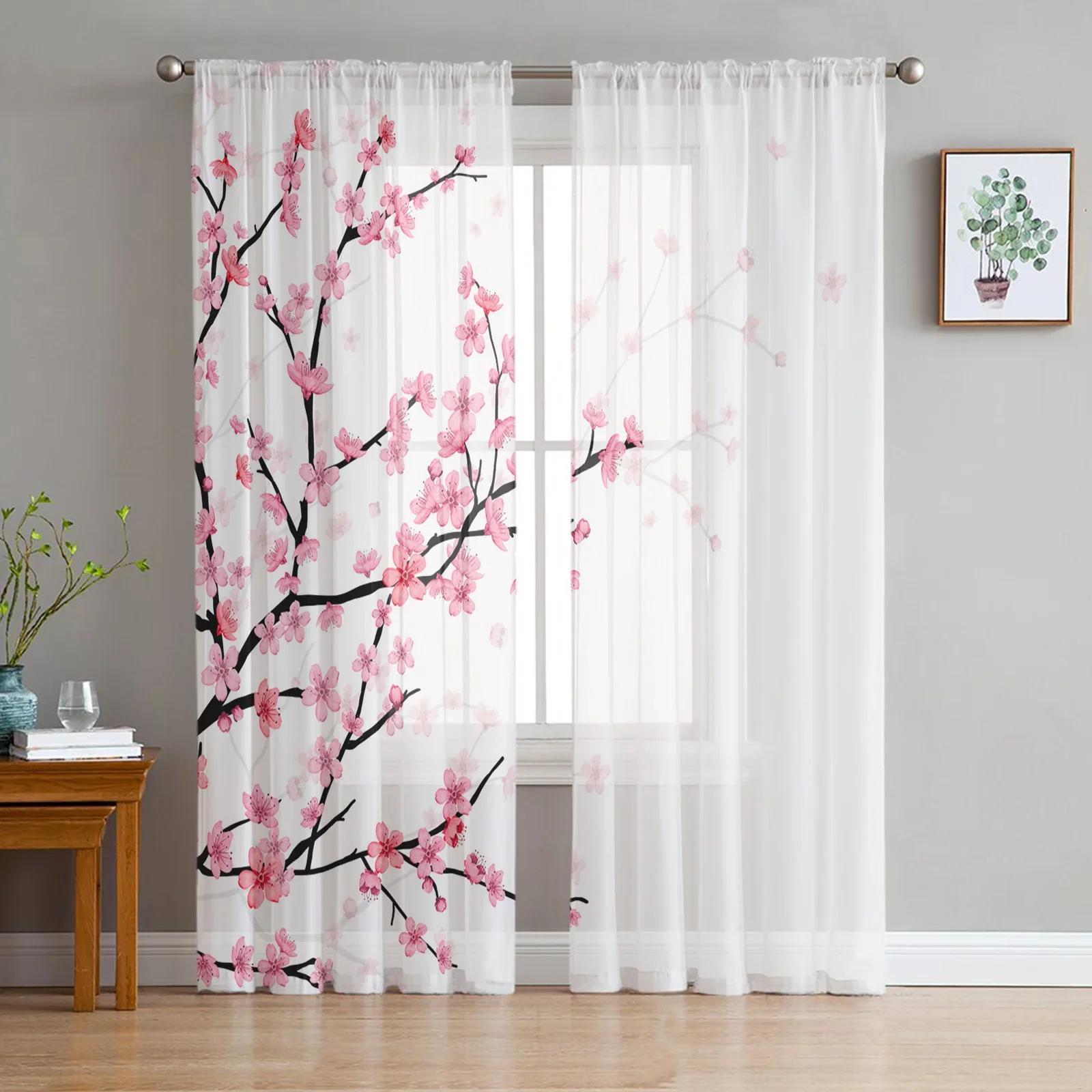 

Spring Season Blush Pink Floral Cherry Blossom Pure White Transparent Drapes Perfect for Living Room Ornamentation Window Panel Curtain Kitchen W135 x H115cm x1&Rod Pocket
