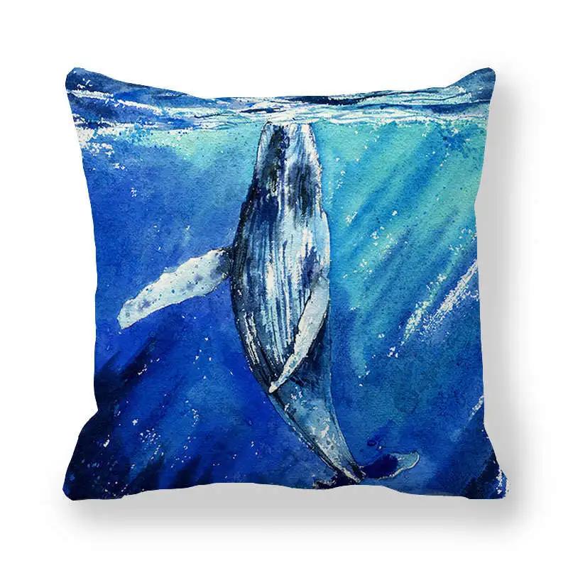 Watercolor Whale Polyester Throw Pillow Cover Sofa Bedside Cushion Pillowcase Ocean Blue Sea Fish Decorative Pillowcases 45X45Cm