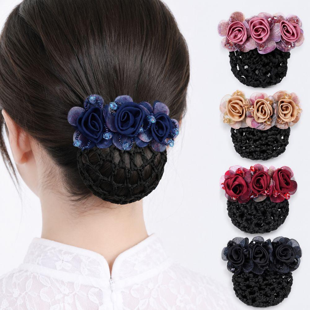 Updo Styling Tool Flower Hair Net with Spring Clip Net Pocket Headdress  For Work Use