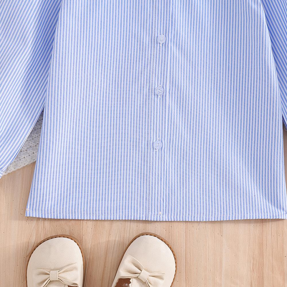 Girls Blue Striped Long Sleeve Shirt Ruffled Collar Blouse with Bow for Kids 5-12 Years Autumn New Children's Clothing