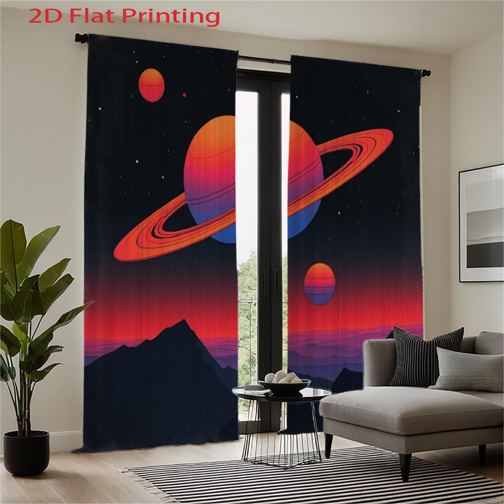 Flat Printing Curtains Retro Space Theme Saturn Planet Mountain Pattern Colorful Cur Curtain Set Of 2 Made Polyester With Rod Pocket Washable