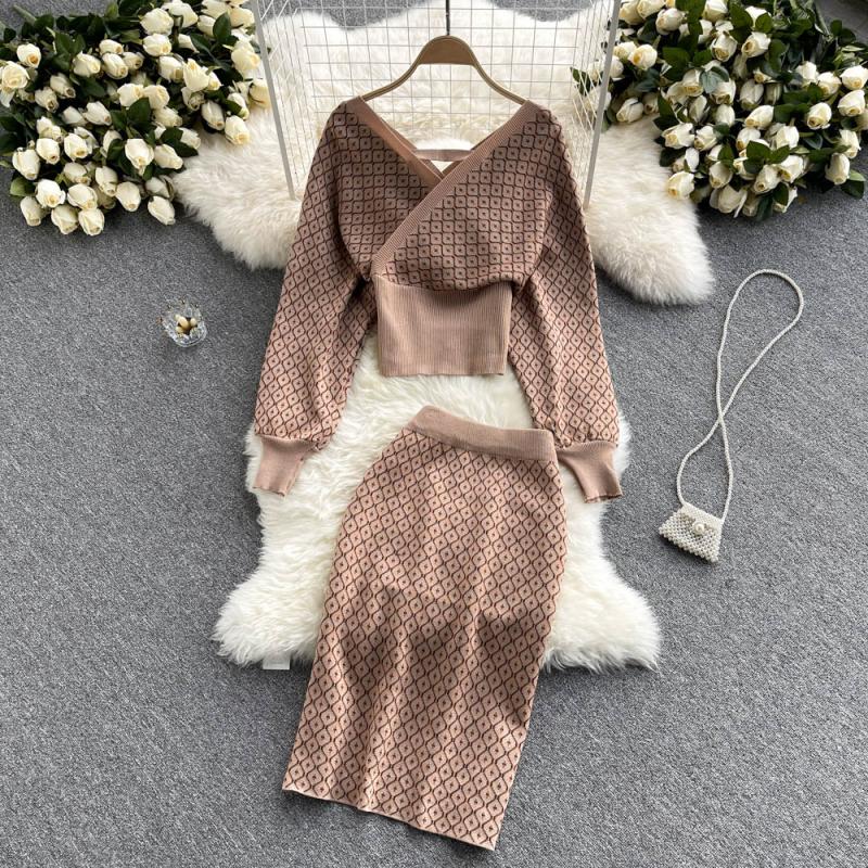 Fashion Comfy Women Dress Elegant Two Piece Set Knitted Tops And Pencil Skirts Office Style Ladies Skirt