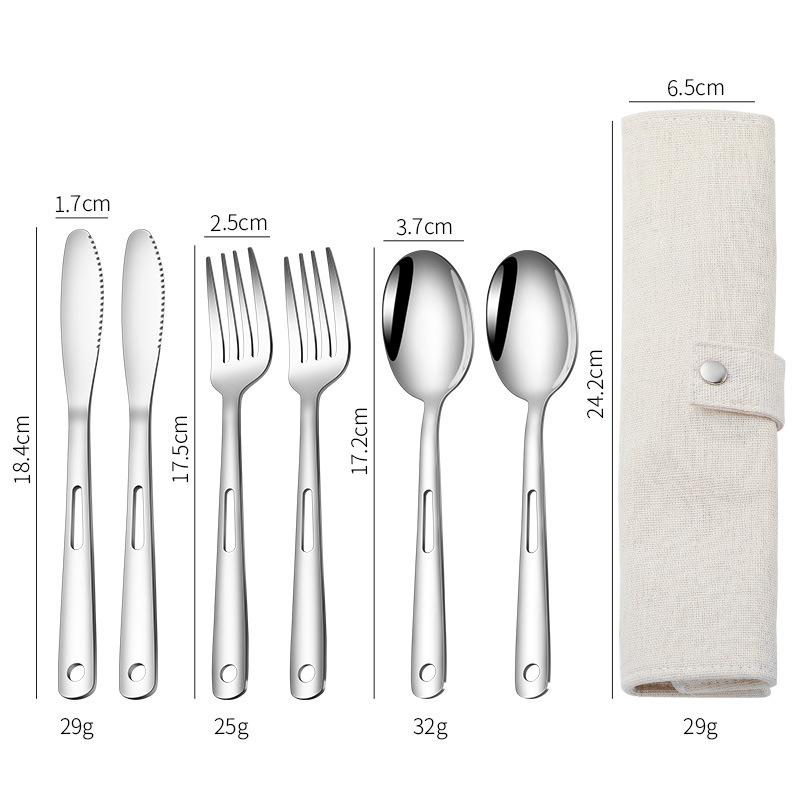 Stainless steel knife, fork and spoon 7-piece set, scroll-type storage bag, camping portable tableware