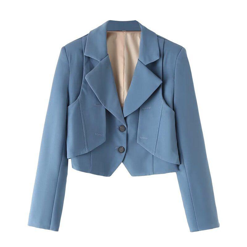 

Fashion Style Fall and Winter New Arrival Women s Stylish Elegant Versatile Slimming Long Sleeves False Two-Piece Suit Suit Short Outwear Fog Blue M