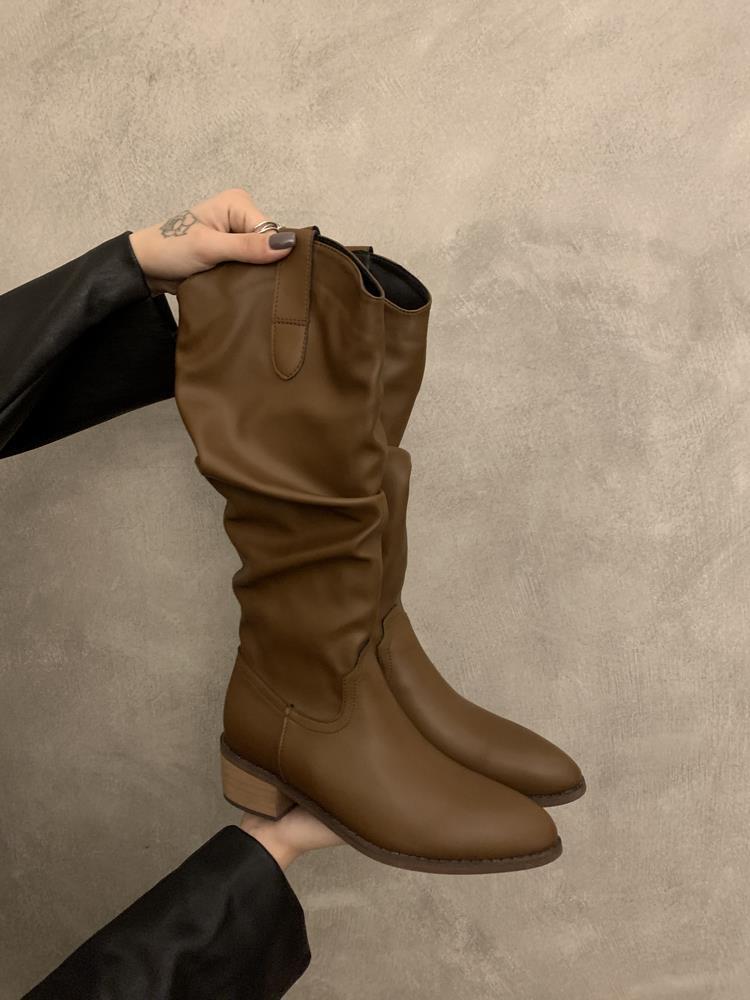 Thick Heel Pleated Pile Long Knight Boots Shoes New Season Western Skinny Skinny Long Boots