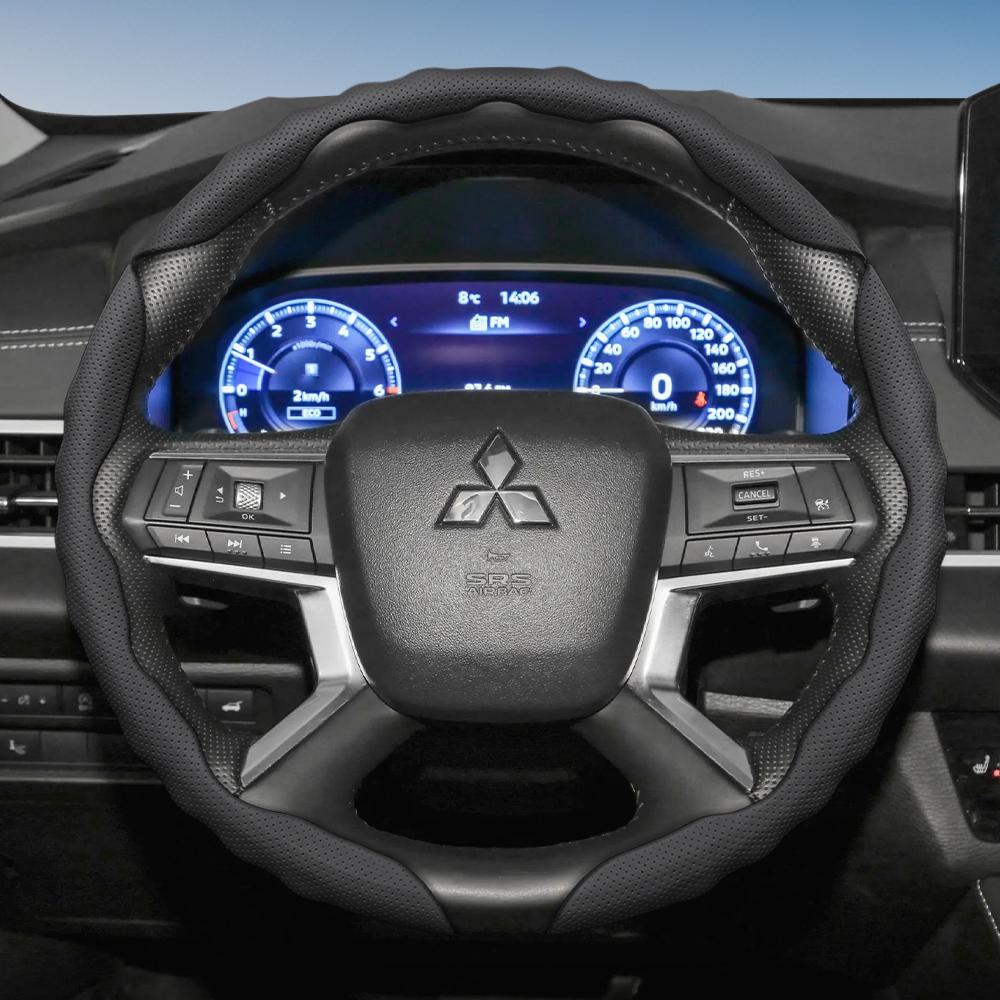 Suitable for Mitsubishi Steering Wheel Cover with Wavy Sports Design, Breathable Leather, Segmented, Non-Slip, Sweat-Absorbent, Suitable for Outlander