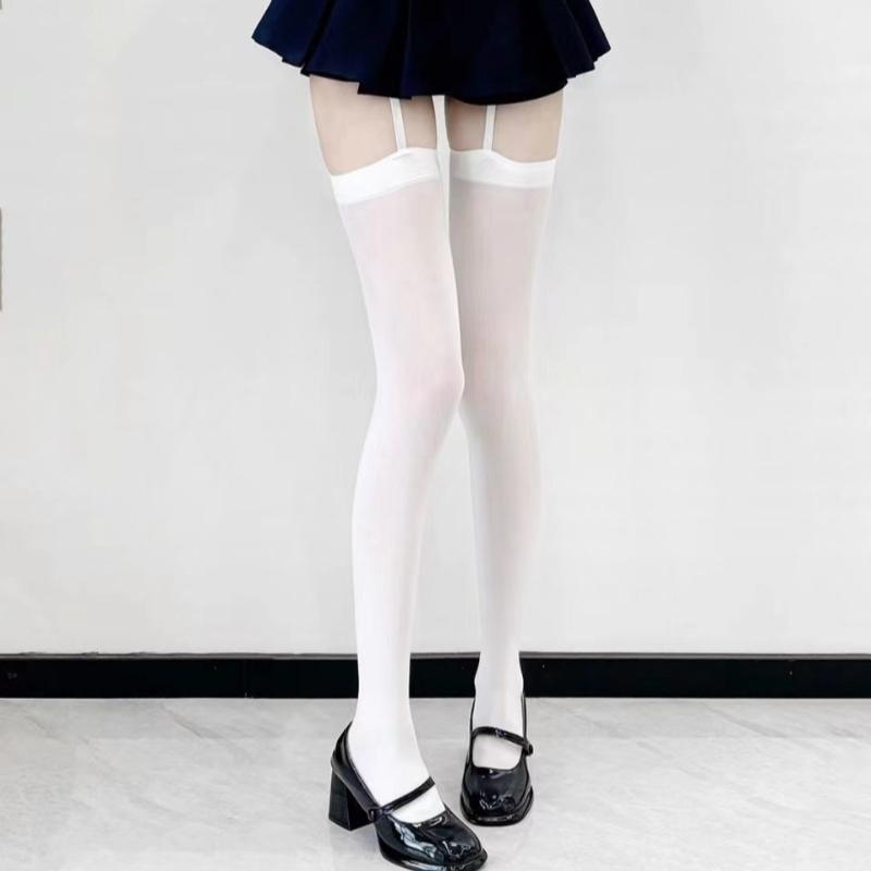 Women Suspender Wide-banded Velvet Tights Lolita Thin Thigh High Stockings with Garters College Style Over The Knee Socks