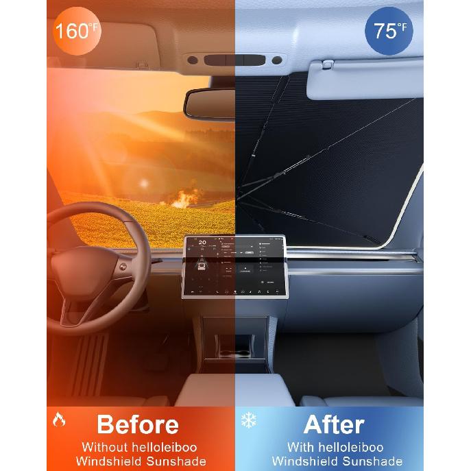 Helloleiboo [2025 Upgraded] Car Windshield Sun Shade Umbrella 61"X 34" Windshield Sun Shade Foldable 5-Layer Thickened Vinyl Coating Reflective