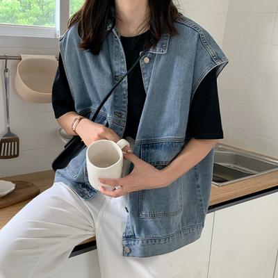 Women Vest Coat Plus Size Solid Color Single-breasted Sleeveless Cardigan Turn-down Collar Chest Pockets Buttons Denim Jacket