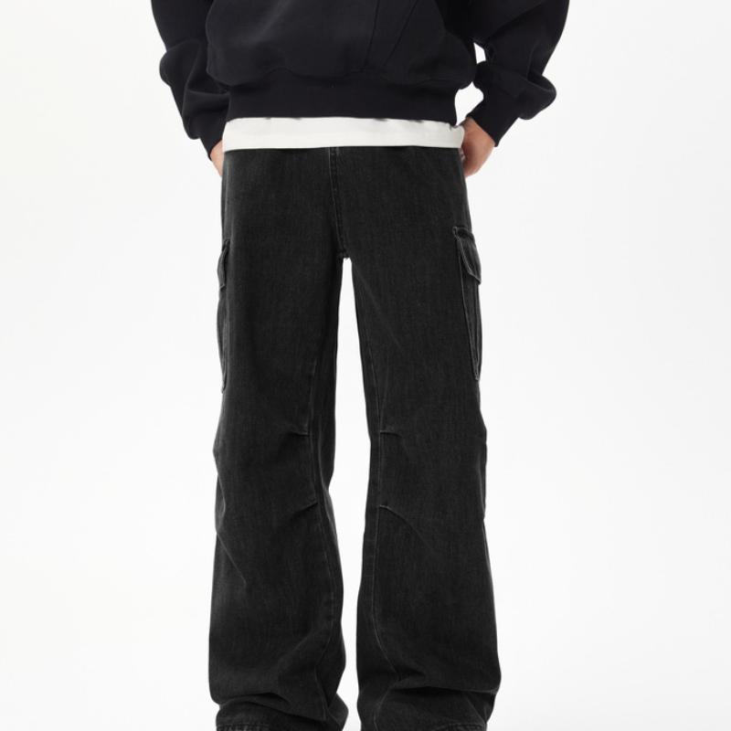 

Jeans for Men s High Street Niche American Pleated Design Wide-leg Pants 2XL чёрный