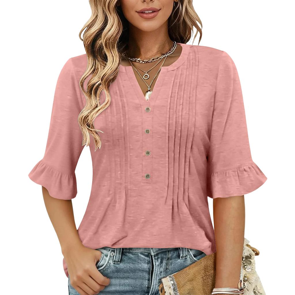 Women's Fashion Casual V-Neck Button-Front Pleated T-Shirt With Short Sleeves In Solid Color